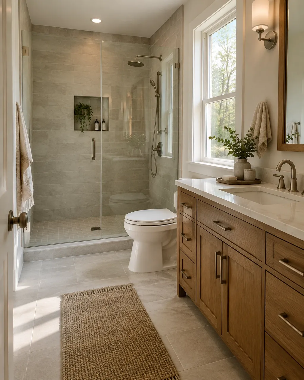 Renovated bathroom with a walk-in tile shower, wood vanity, and brushed fixtures