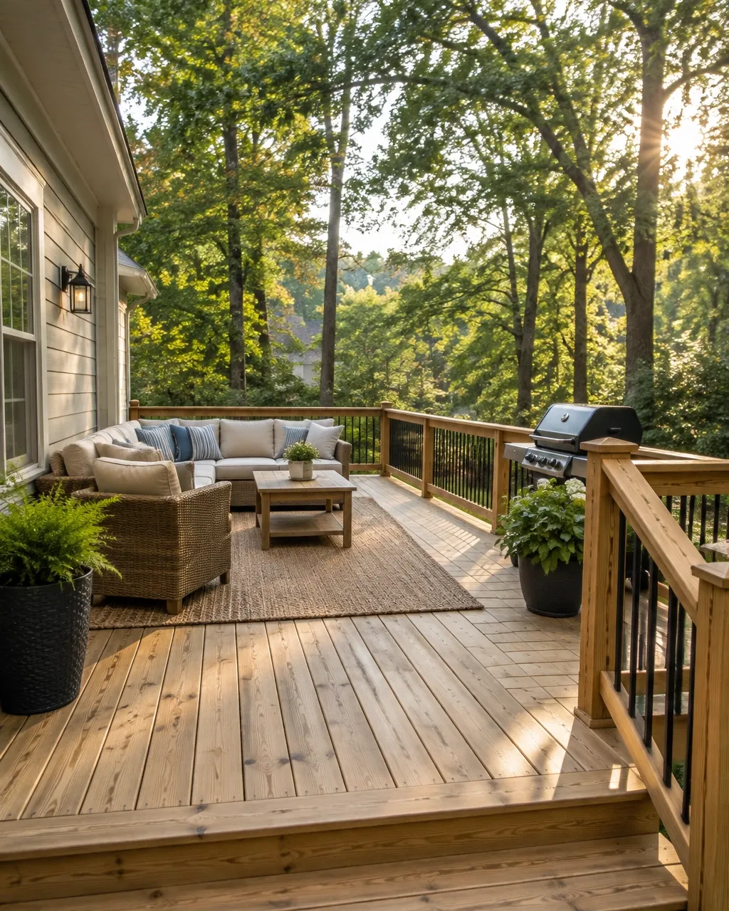 Newly built wood deck with sturdy railings surrounded by leafy North Carolina trees