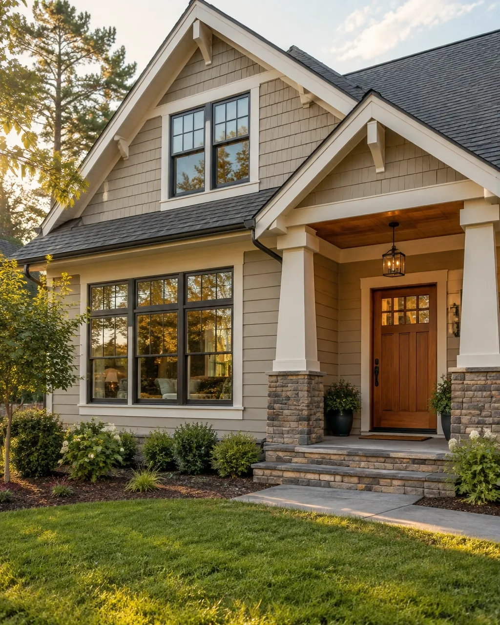 Craftsman-style home with updated energy-efficient windows and a warm wood front door