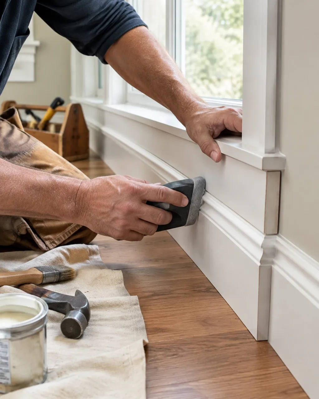 Carpenter carefully repairing and finishing wood trim inside a tidy home