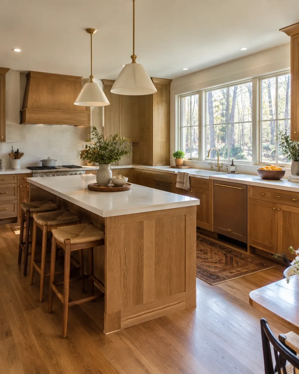 Bright remodeled kitchen with natural oak cabinets, a practical island, and warm daylight