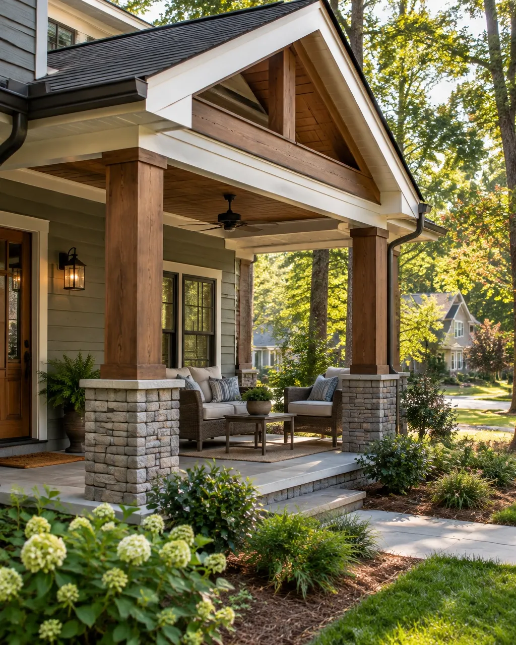 Covered front porch addition with wood columns, comfortable seating, and a welcoming roofline