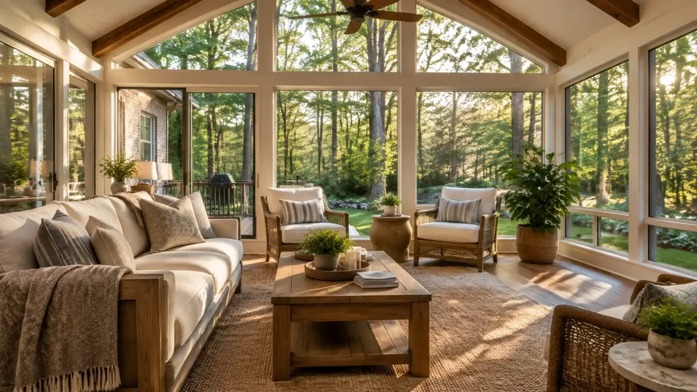 Bright three-season sunroom with expansive windows opening toward a leafy backyard